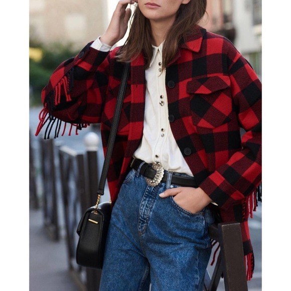 Sandro Paris Check Plaid Fringed-Trim Wool-Blend Jacket In Rouge/noir Red Size 4 - Picture 2 of 11